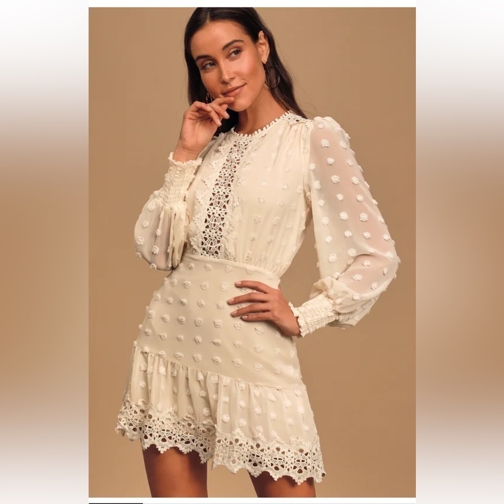 NEW Lulus Cream Embroidered Lace Boho Scandi Girl Chic XL Chiffon Dress lined - Picture 4 of 14